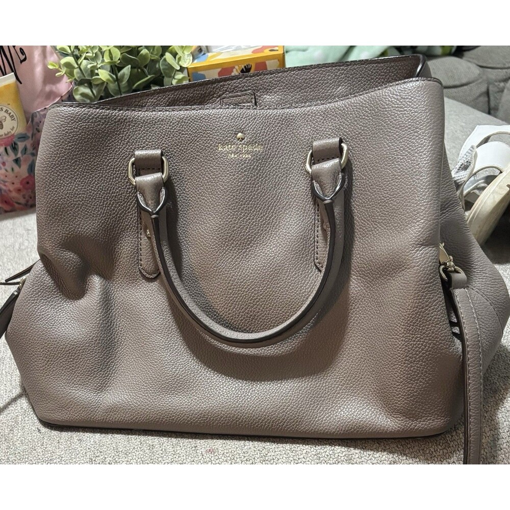 Kate Spade New York Taupe Leather Satchel Large Pebbled Crossbody Work Tote Bag